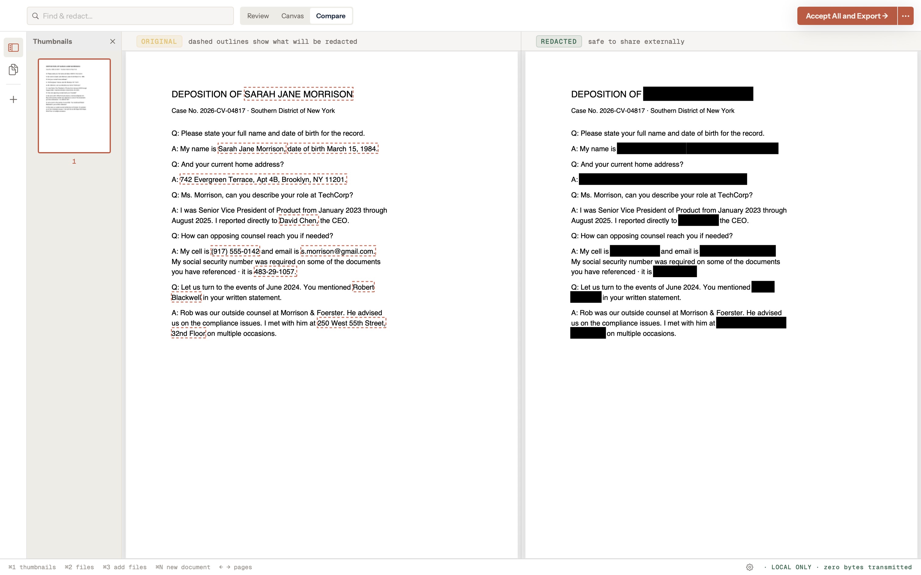 RedactLocal review screen with color-coded PII highlights